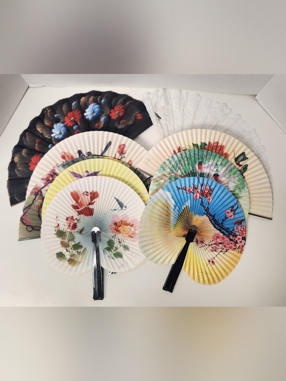 Bundle of 9 Vintage Folding Hand Fans Multicolor Floral Bird Butterfly Lace